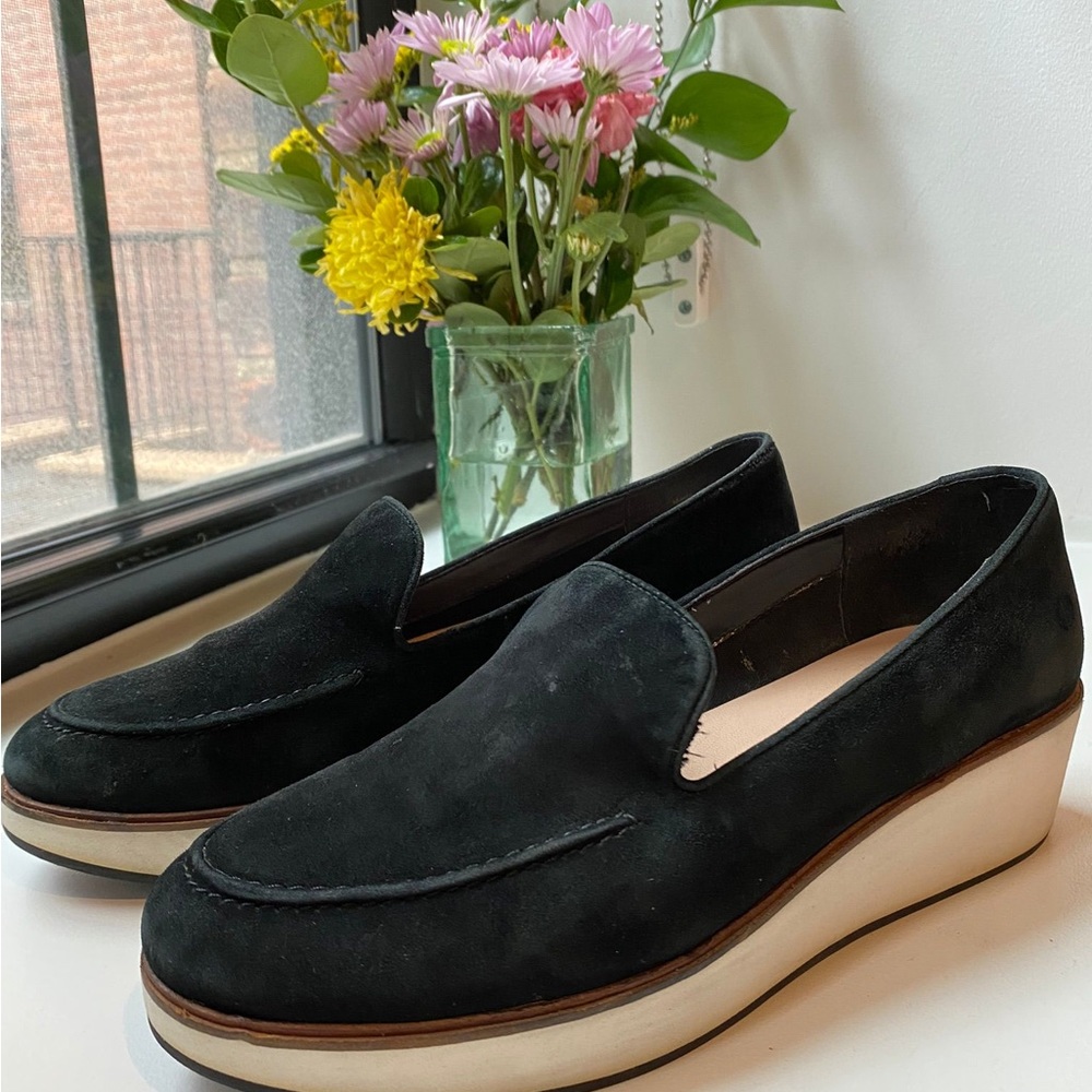 Aldo Black Suede Wedge Loafer Slip on Shoes White Sole Size 6.5